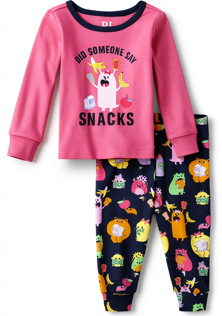Baby girl wearing Did Someone Say Snacks pajama set, smiling in a cozy bedroom
